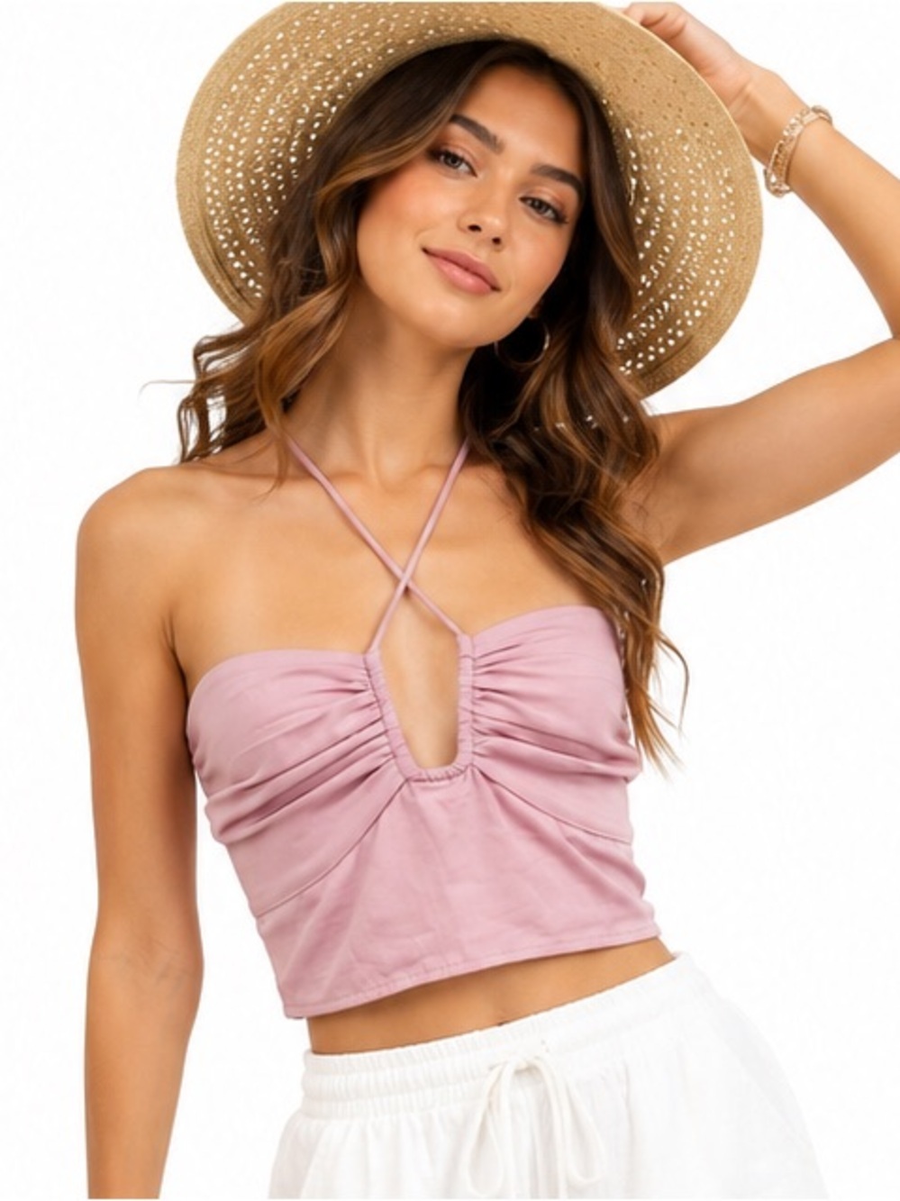 Abercrombie & Fitch PLEATED HALTER TOP BUSTIER PINK XS Barbiecore cropped beach